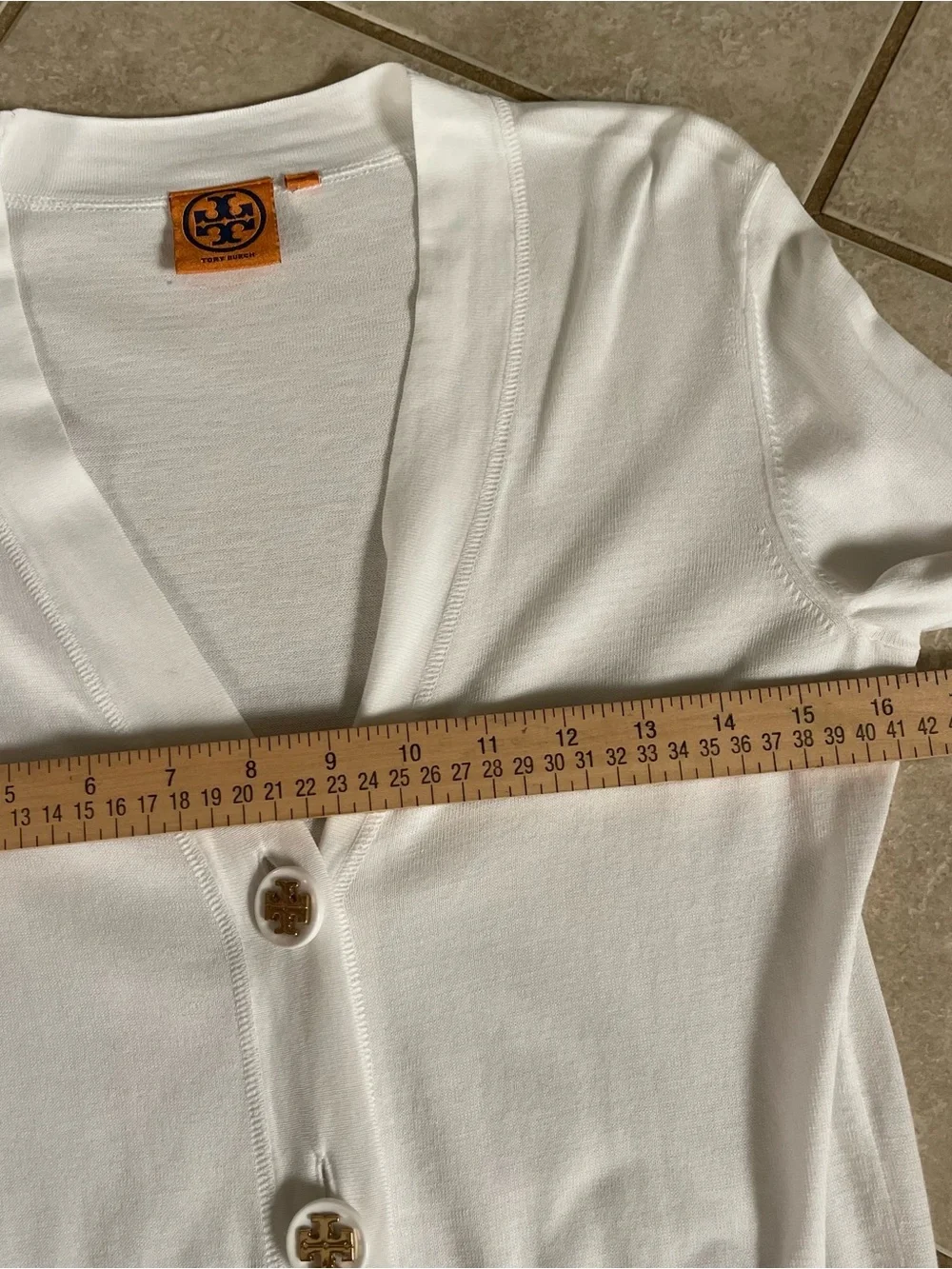 Tory Burch Simone V-Neck Cardigan Gold Logo Buttons Size S White Clean Girl